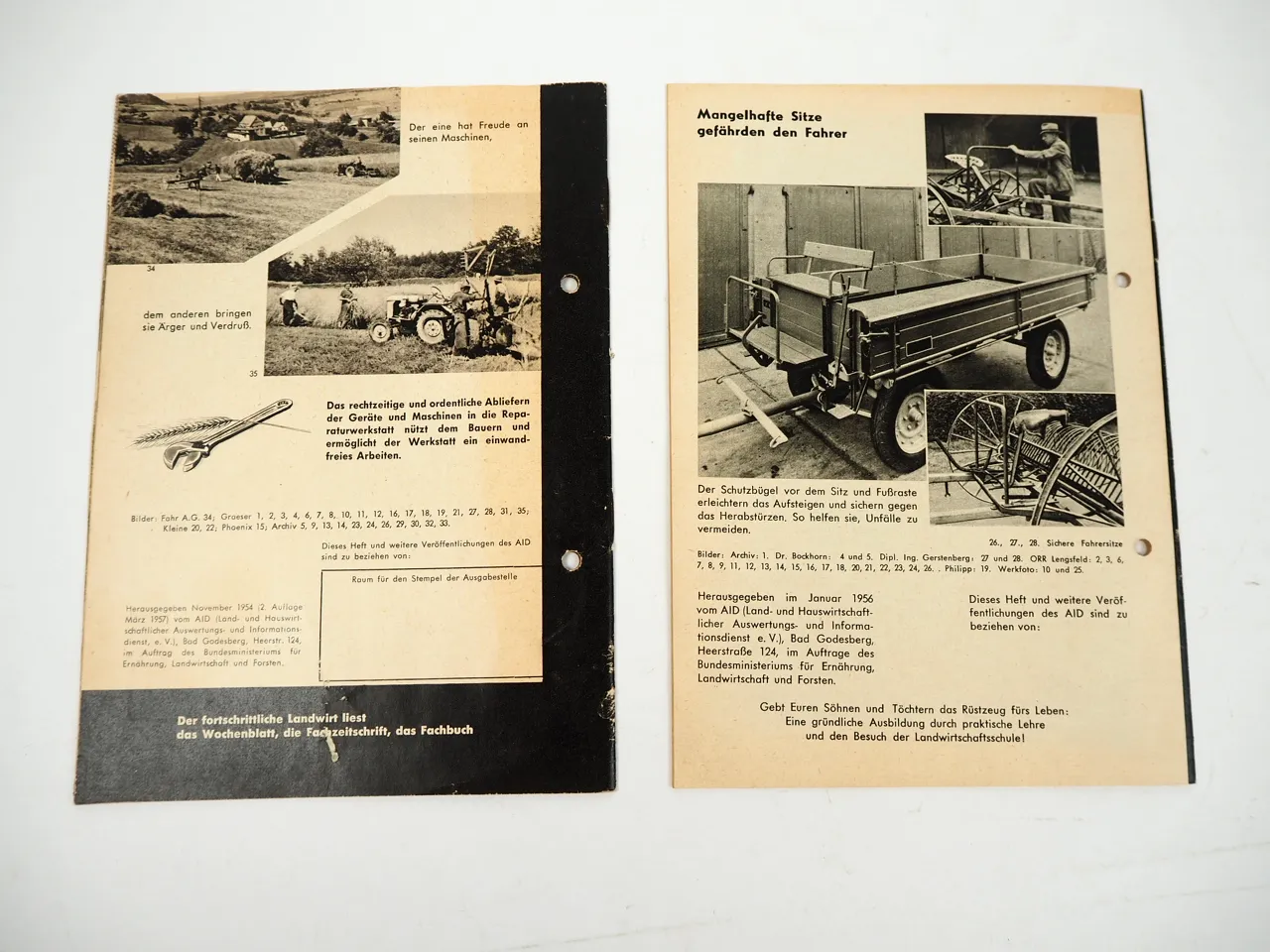 AID Landwirtschaftliche Fahrzeuge instandsetzen ausrüsten 2x Prospekt 1954/56