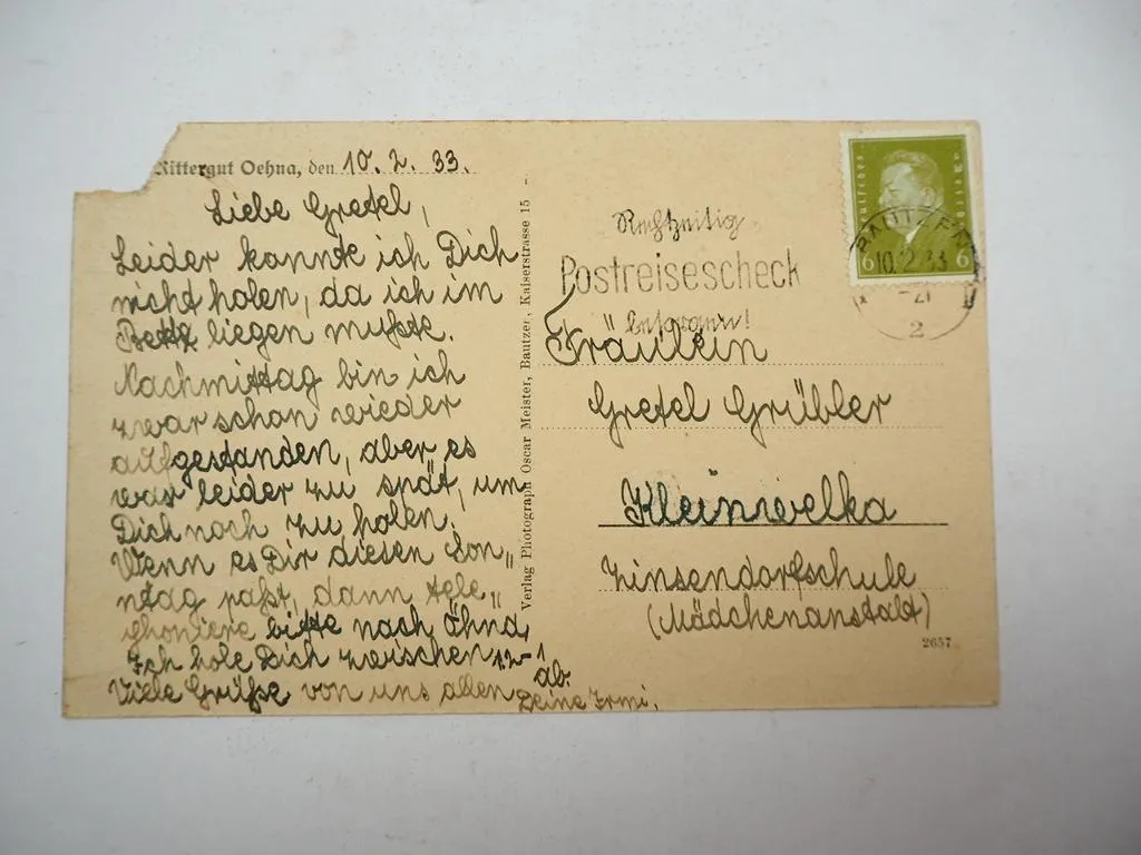 AK Rittergut Oehna Niedergörsdorf Bautzen Sachsen 1933 beschädigt