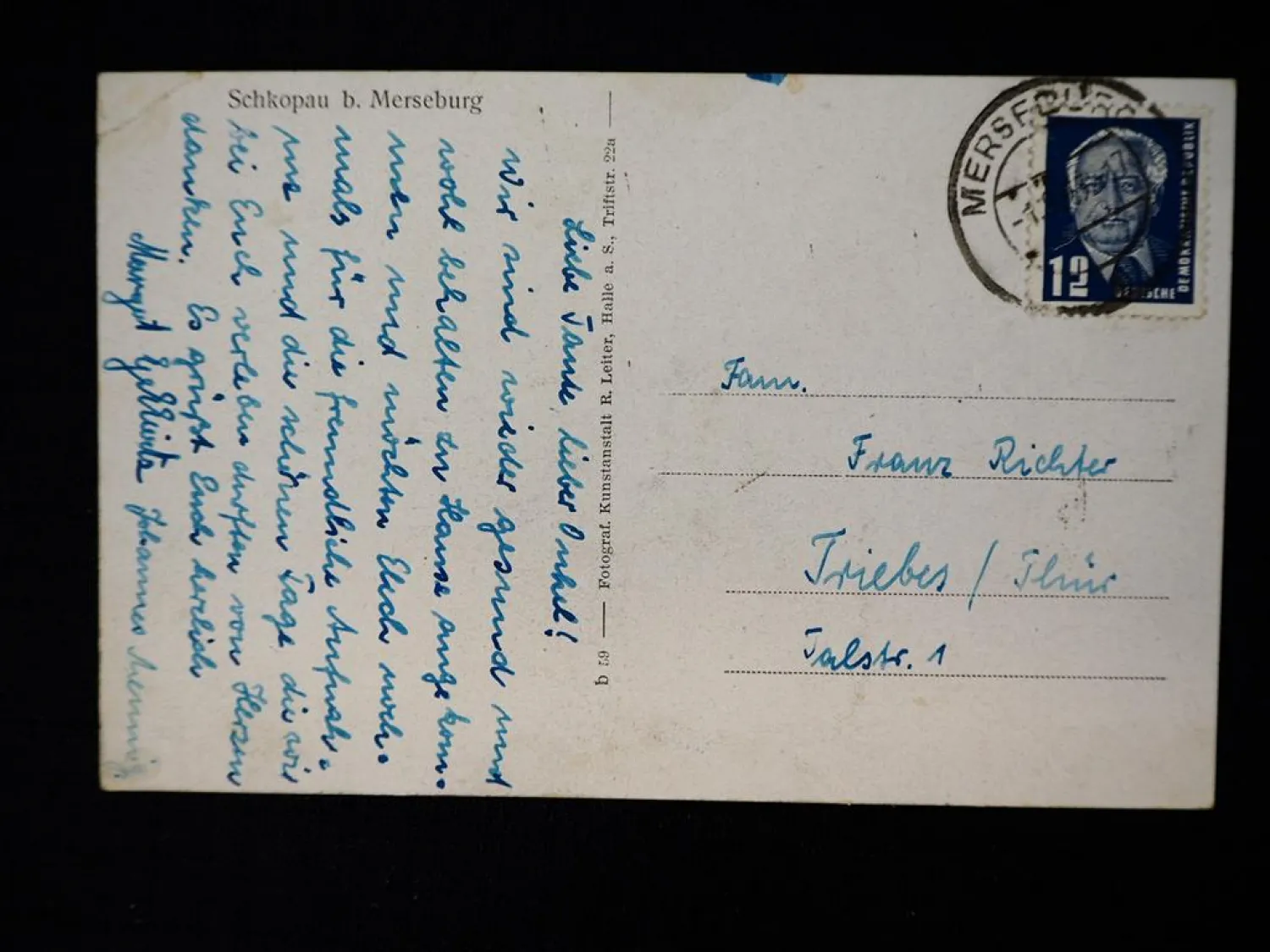 AK Schkopau b. Merseburg Kolonialwaren u. Drogerie K. Kranepuhl 1953 gelaufen