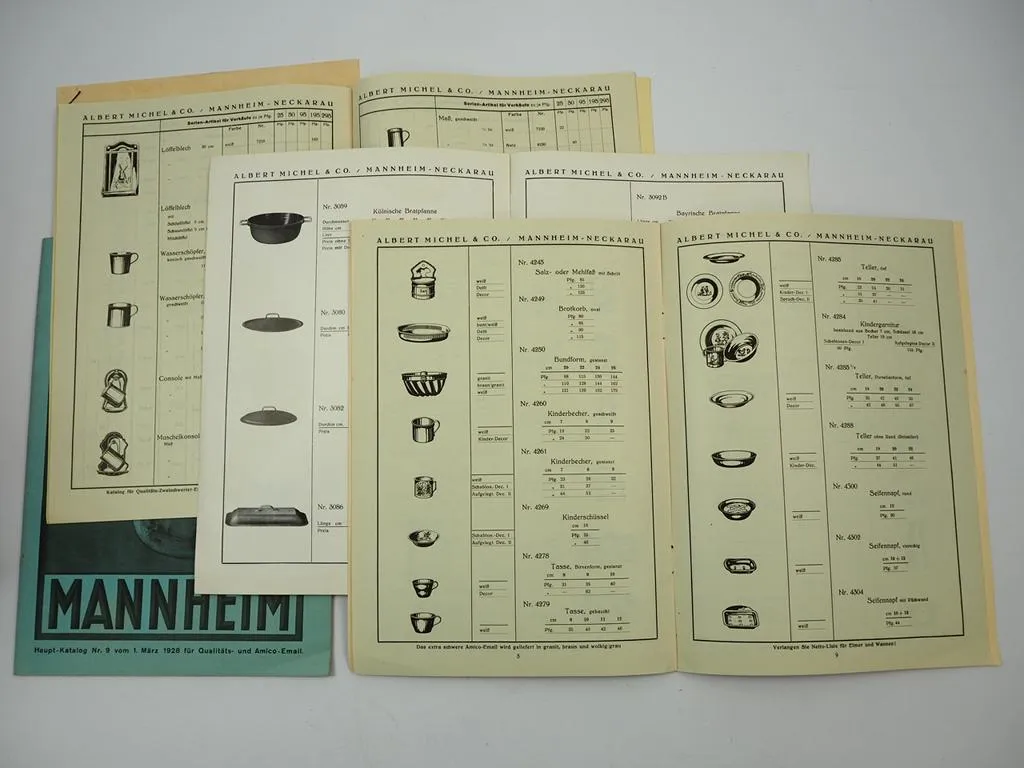 Albert Michel Mannheim Email Stahlgeschirr Haushaltsgegenstände 4x Katalog 1929