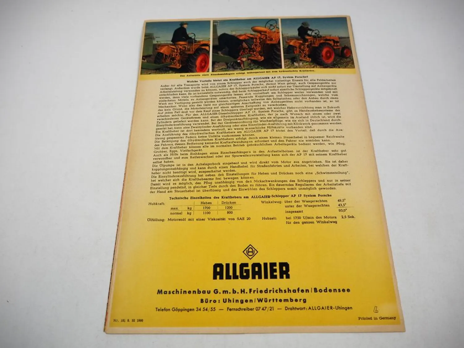 Allgaier AP 17 System Porsche Dieselschlepper Prospekt Technische Daten 1952