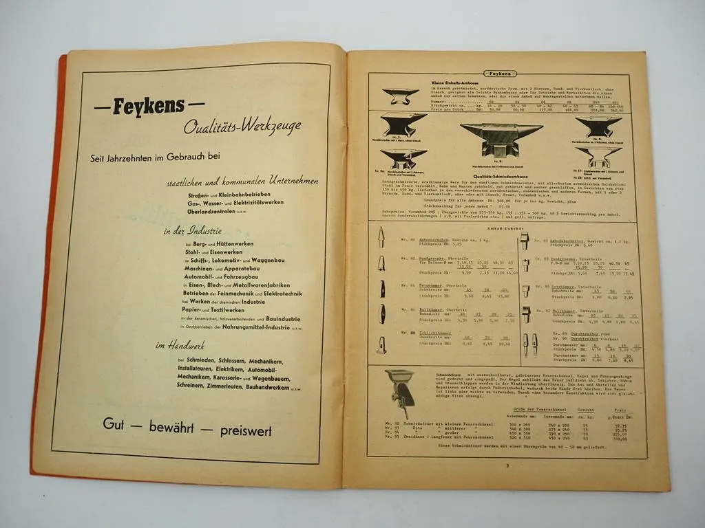 Aloys Feykens Frielingsdorf Werkzeug für Schmiede Autowerkstatt Katalog 1956