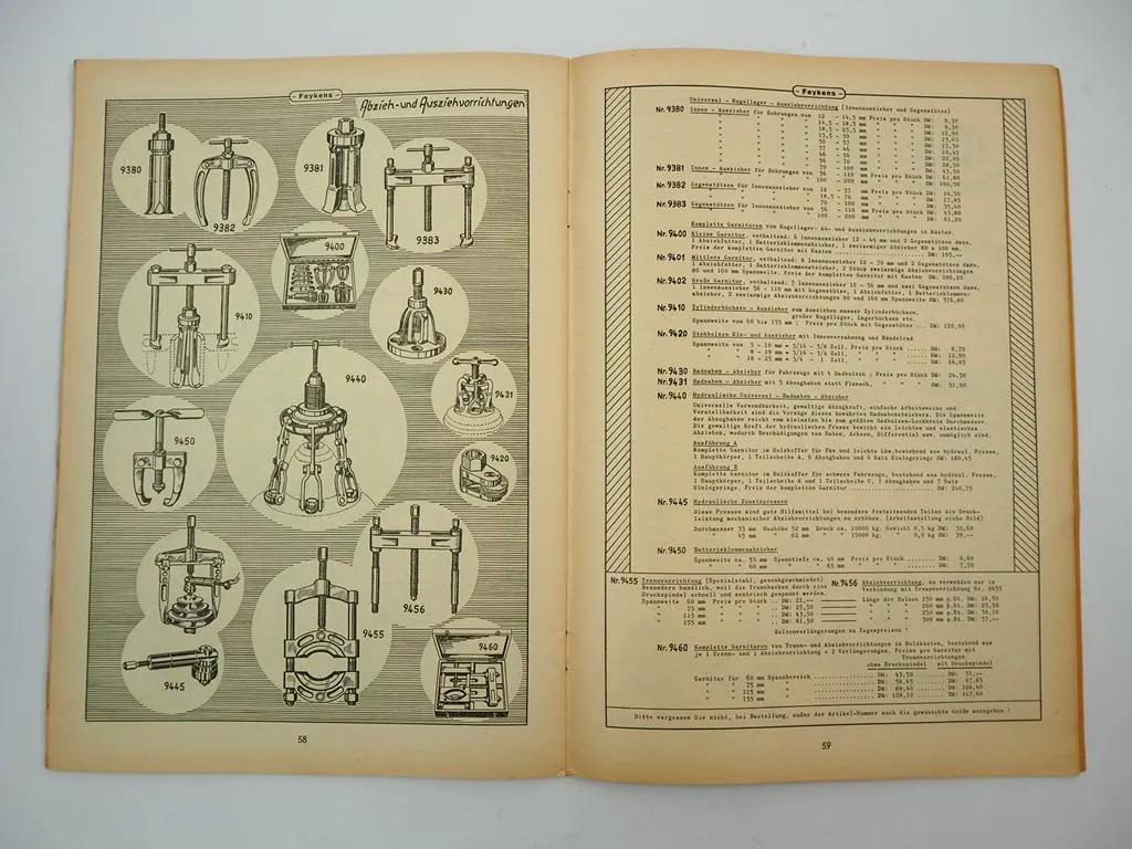 Aloys Feykens Frielingsdorf Werkzeug für Schmiede Autowerkstatt Katalog 1959