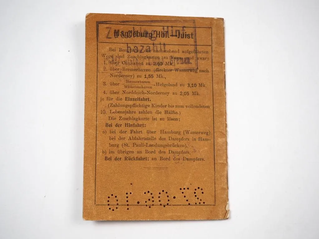 alter Fahrschein Magdeburg Hauptbahnhof Juist und zurück 1910