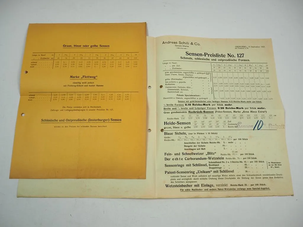 Andreas Schilli Co. Sensen Werke Oberursel b. Frankfurt Prospekt Preisliste 1927