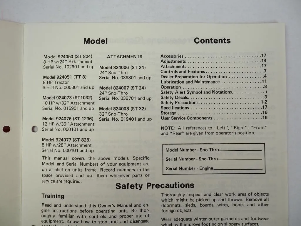 Ariens 924 Serie Sno-Thro Schneefräse Bedienungsanleitung Owners Manual 1988