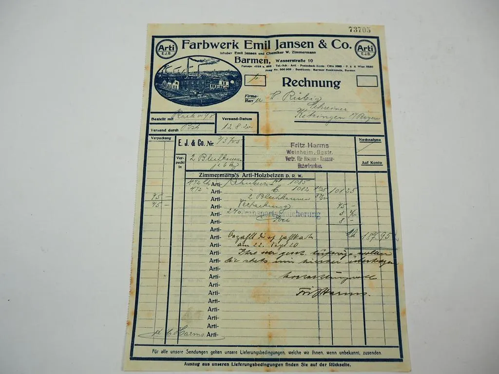 Arti E.J.B. Farbwerk Emil Jansen & Co Barmen Wasserstrasse Rechnung 1920 Holzbeize