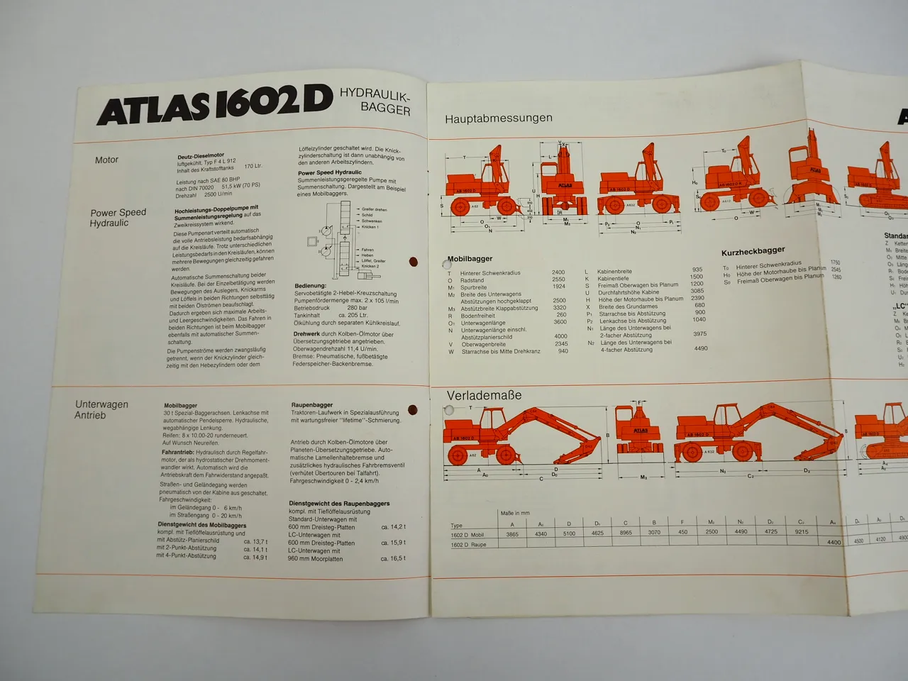 Atlas 1602D Hydraulikbagger Prospekt mit technischen Daten 1977