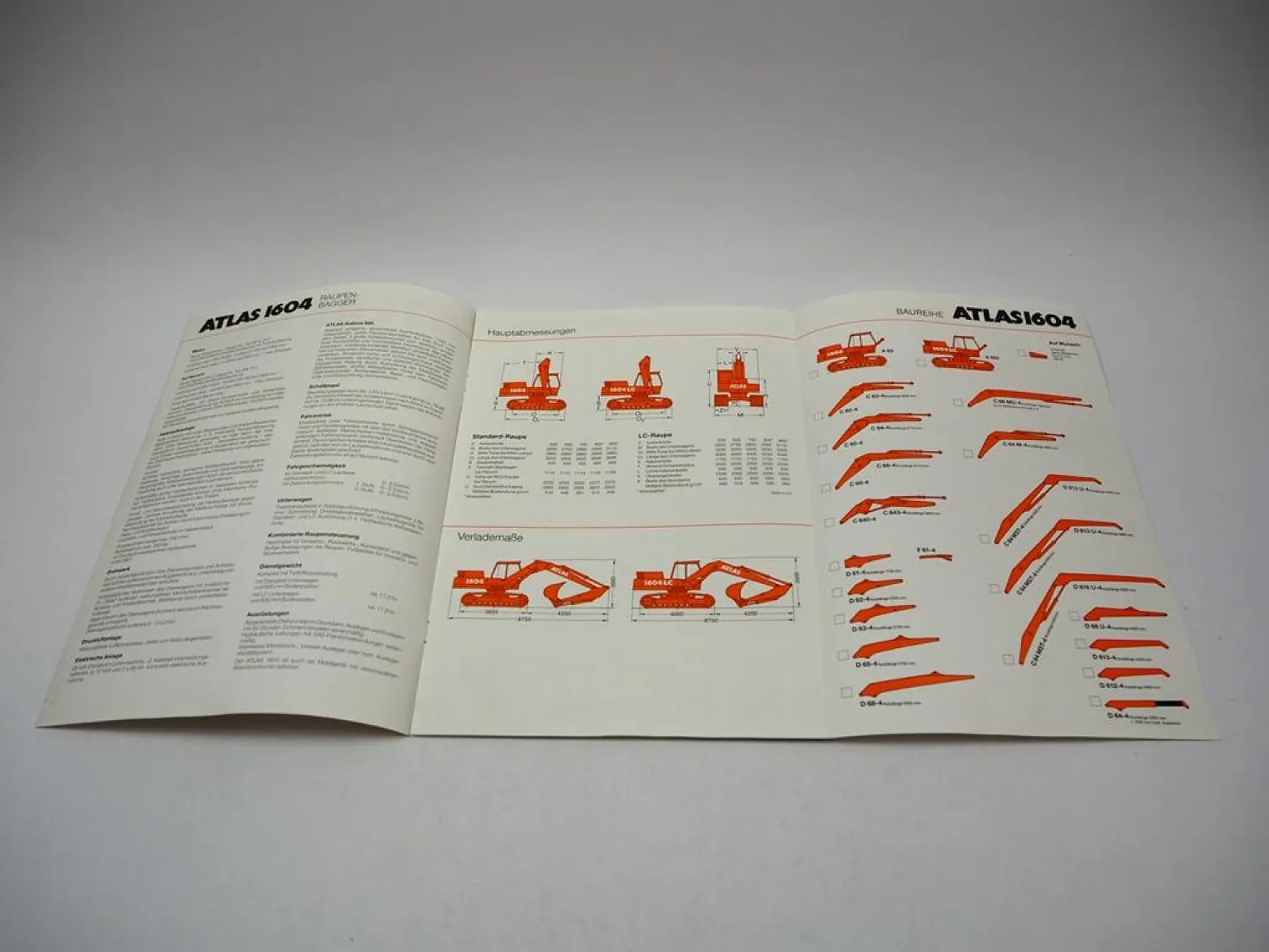Atlas 1604 + LC mit AWE4 System Raupenbagger Prospekt Technische Daten 03/1986
