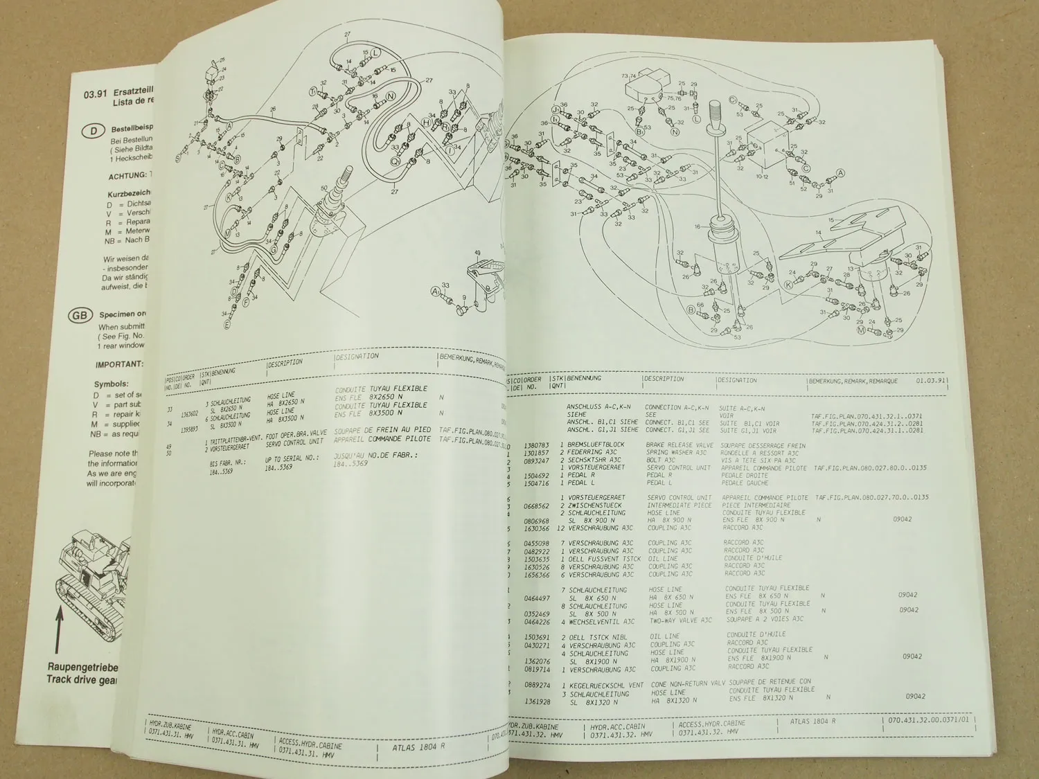Atlas 1804 R Bagger Ersatzteilliste Parts List Pieces Rechange 3/1991