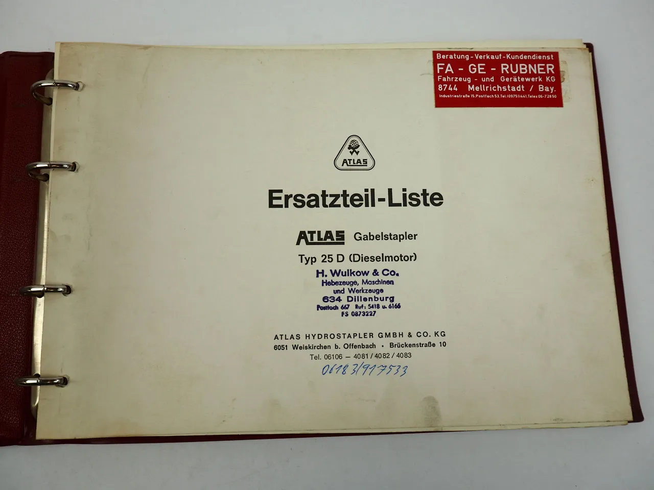 Atlas 25D 1,2 to Gabelstapler Betriebsanleitung Ersatzteilliste 1968 Perkins