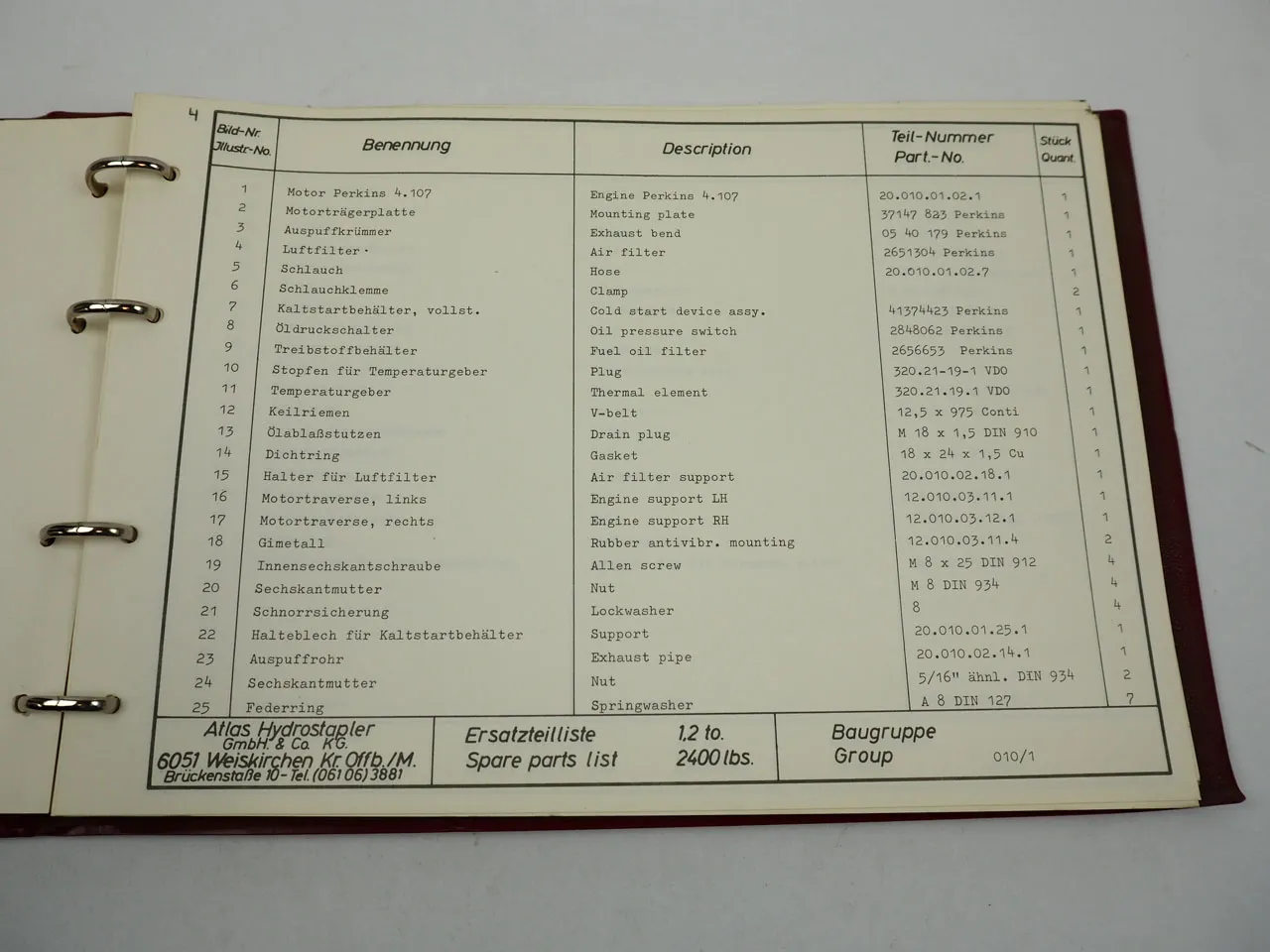 Atlas 25D 1,2 to Gabelstapler mit Perkins Motor Ersatzteilliste ca. 1968