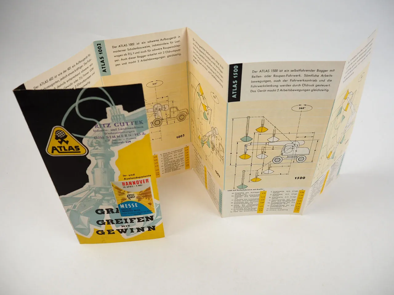Atlas 601 602 1002 1500 Anbaugerät Kran Bagger Greifer Prospekt 1957