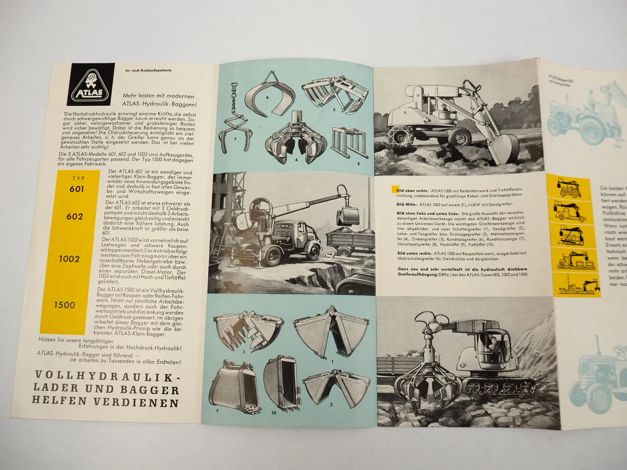 Atlas 601 602 1002 1500 Anbaugerät Kran Bagger Greifer Prospekt 1957