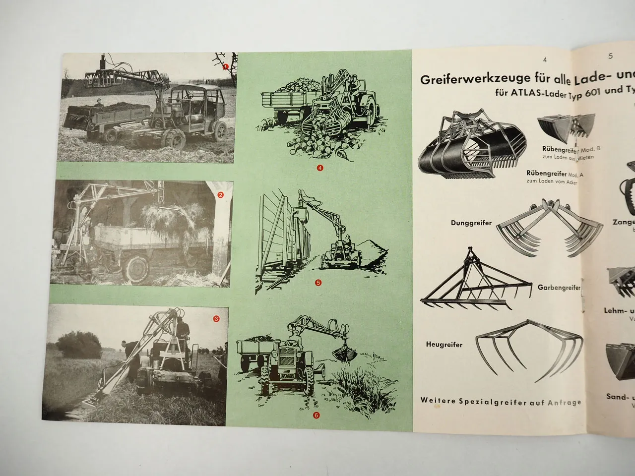 Atlas 601 602 Anbaugerät Lader Bagger Greifer Prospekt 1956