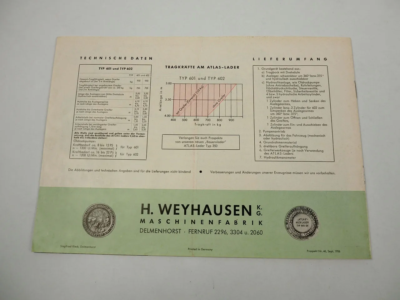 Atlas 601 602 Anbaugerät Lader Bagger Greifer Prospekt 1956