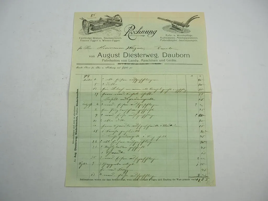 August Diesterweg Dauborn Hessen Landmaschinen Rechnung ca. 1910
