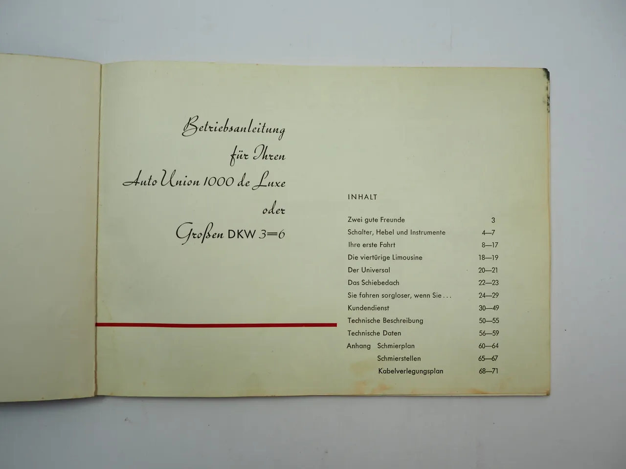 Auto Union DKW 3=6 40 PS DKW 1000 de Luxe 44 PS Betriebsanleitung 1959