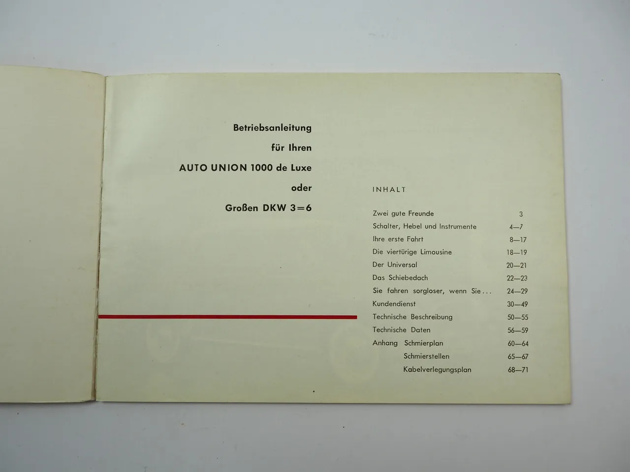 Auto Union DKW 3=6 40 PS DKW 1000 de Luxe 44 PS Betriebsanleitung 1961