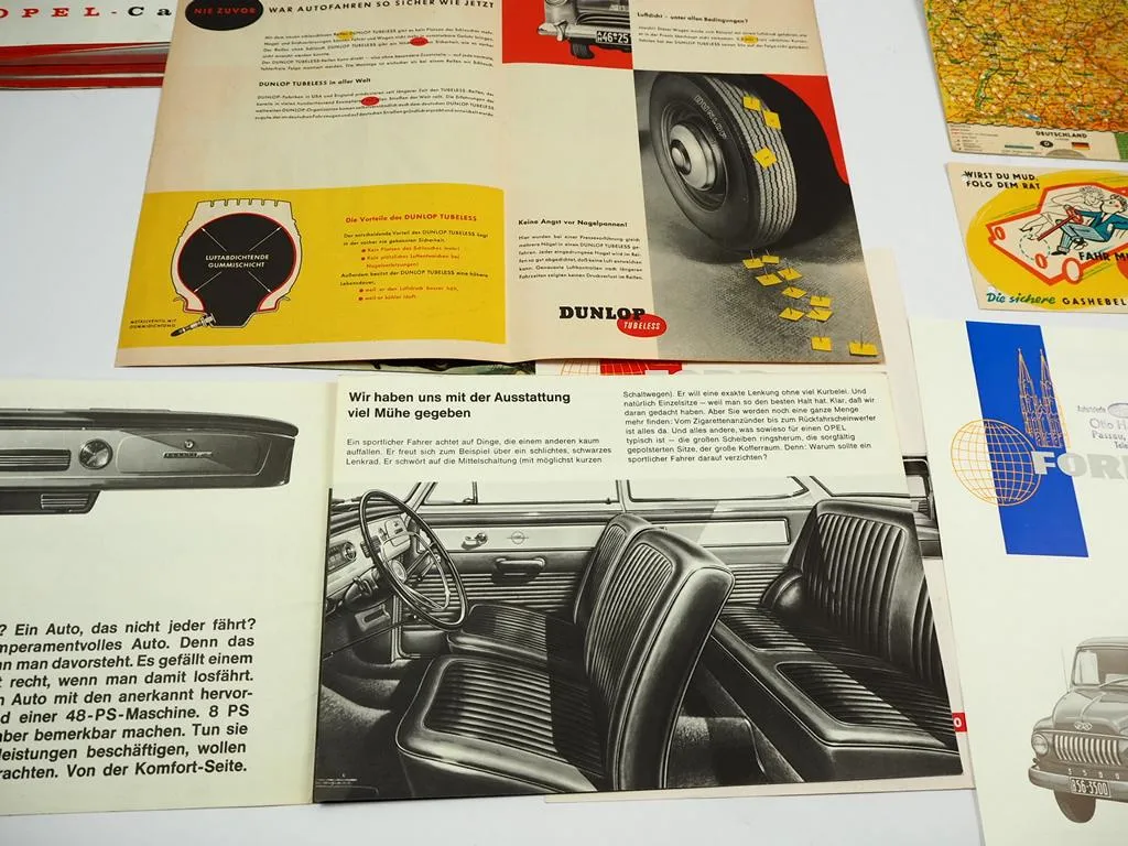 Automobilia 13 tlg. Prospekte Opel Ford Renault Dunlop u.a. 1950er Jahre