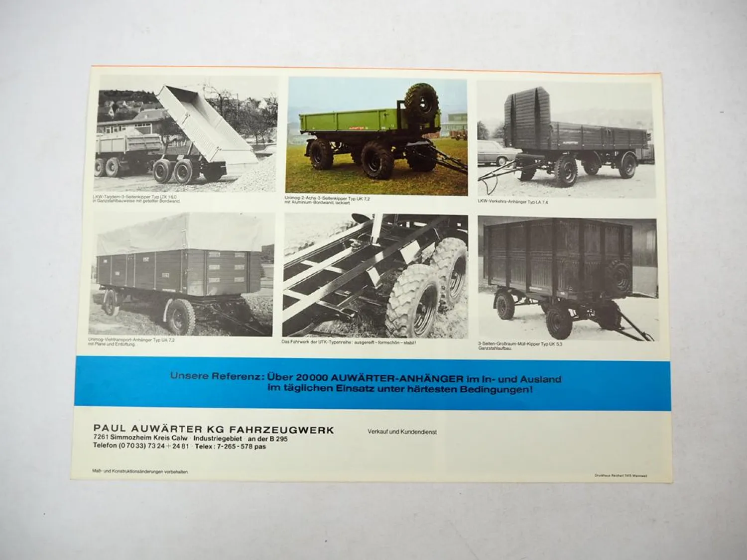 Auwärter Spezial Unimog Kipper Prospekt ca. 1970er Jahre