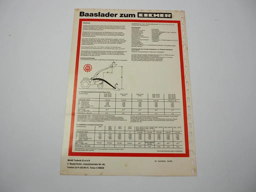 Baas Frontlader 2 / 3 / 3 Super N22 N33 L34 zum Eicher Traktor Prospekt 1975