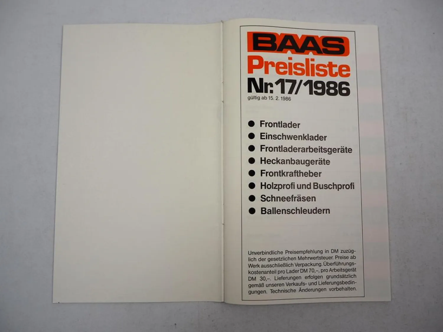 Baas Frontlader Arbeitsgeräte Kraftheber Preisliste Nr. 17 1986