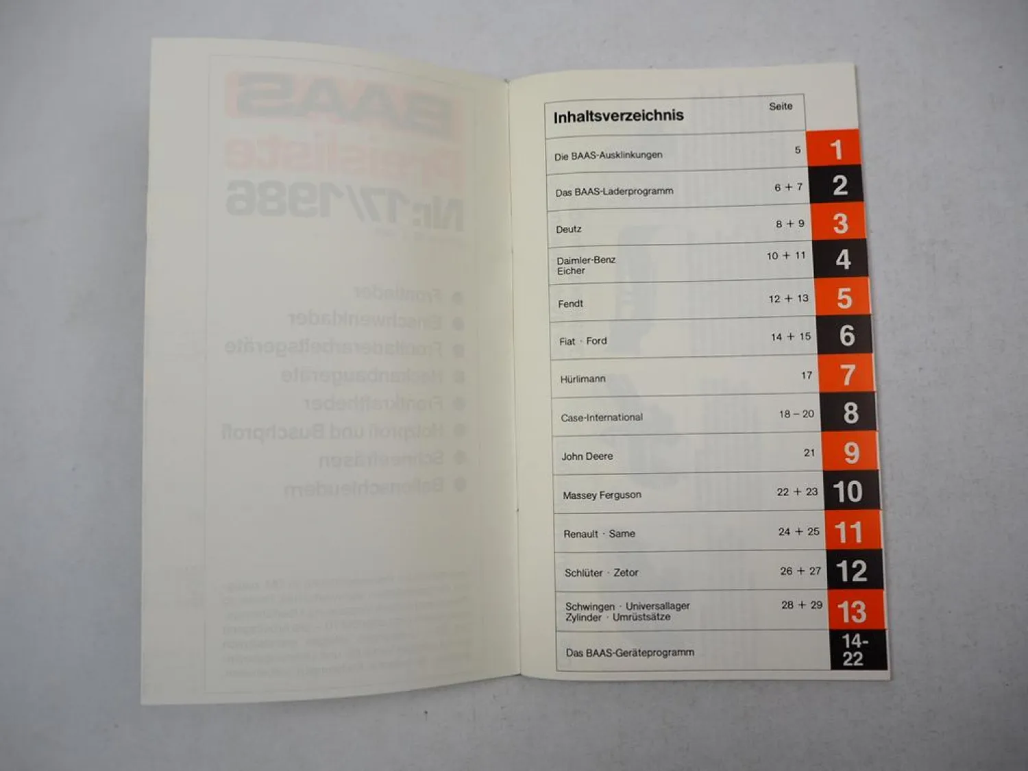 Baas Frontlader Arbeitsgeräte Kraftheber Preisliste Nr. 17 1986