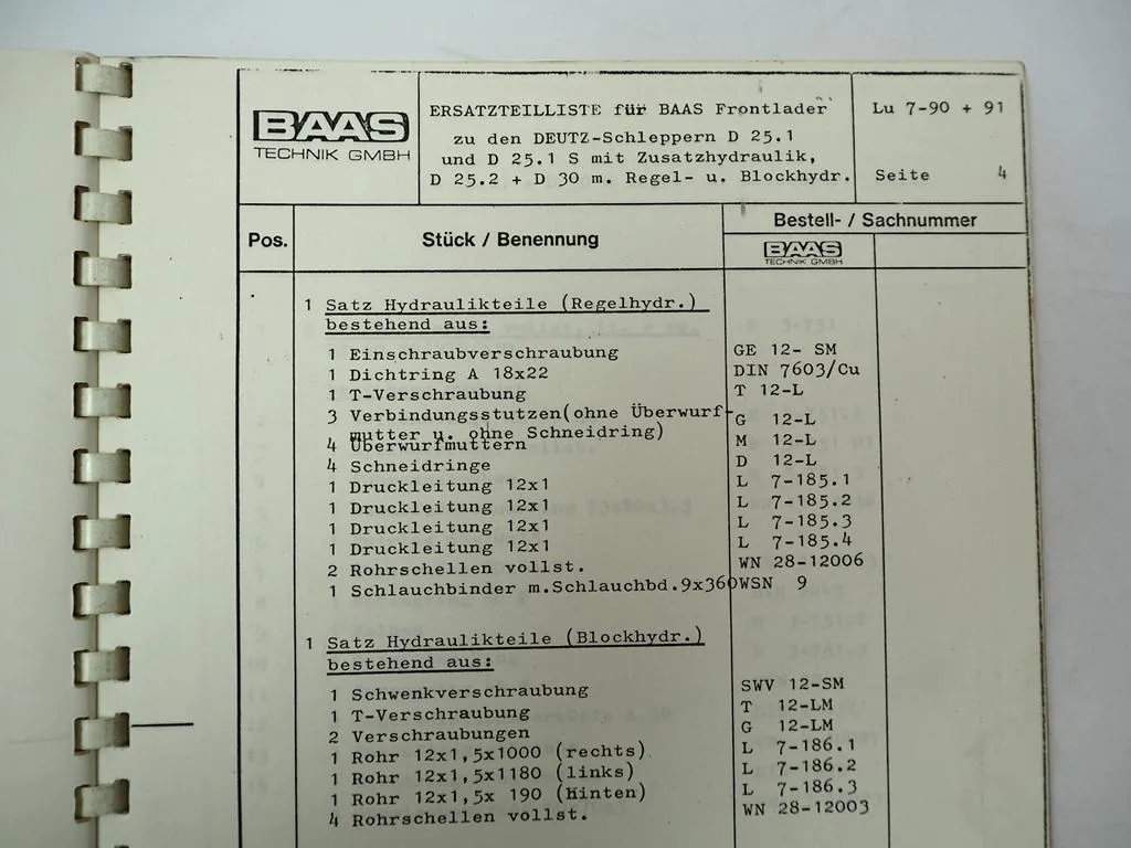 Baas Frontlader zum Deutz Schlepper D25.1 D30 D40L D2505 - D6006 Ersatzteilliste
