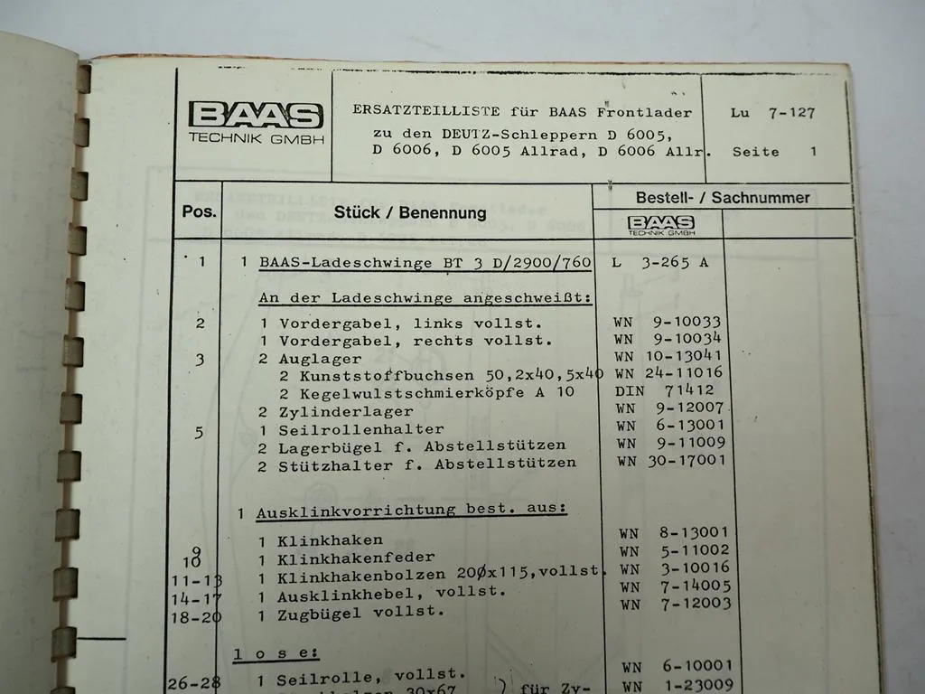 Baas Frontlader zum Deutz Schlepper D25.1 D30 D40L D2505 - D6006 Ersatzteilliste