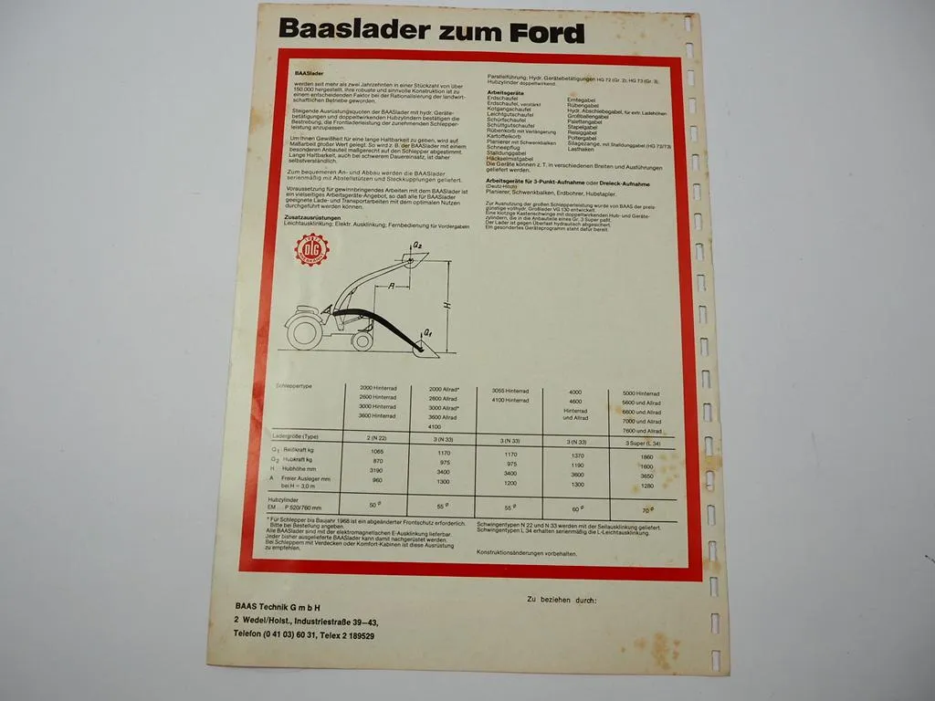 Baas Frontlader zum Ford 4000 2000 bis 7600 Allrad Traktor Prospekt ca 1975