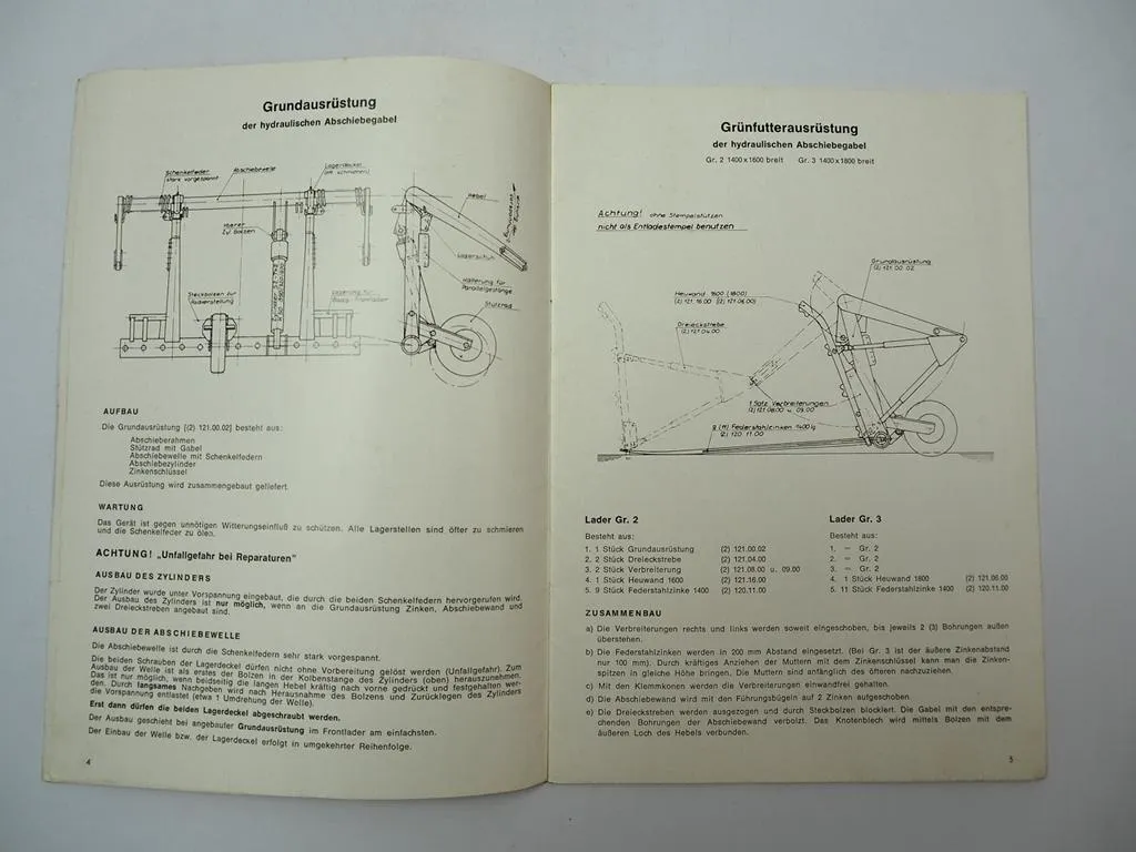 Baas Hydraulische Abschiebegabel Anbauanleitung Ersatzteilliste 1963