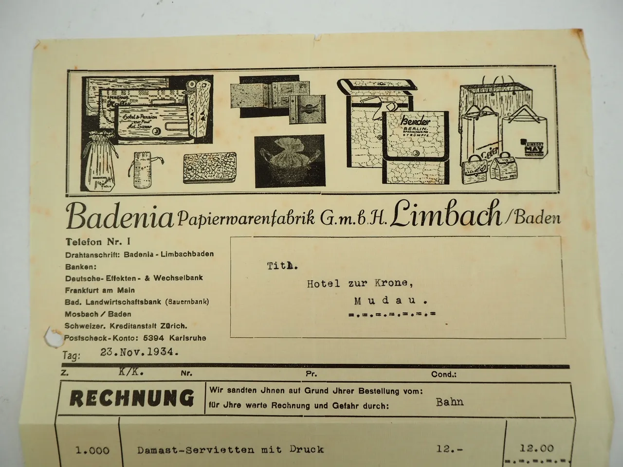 Badenia Papierwaren Fabrik GmbH Limbach Baden Rechnung 1934
