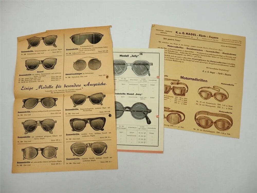Balder Nagel Kraus Fürth Bayern Sonnenbrillen 3x Prospekt 1950er Jahre