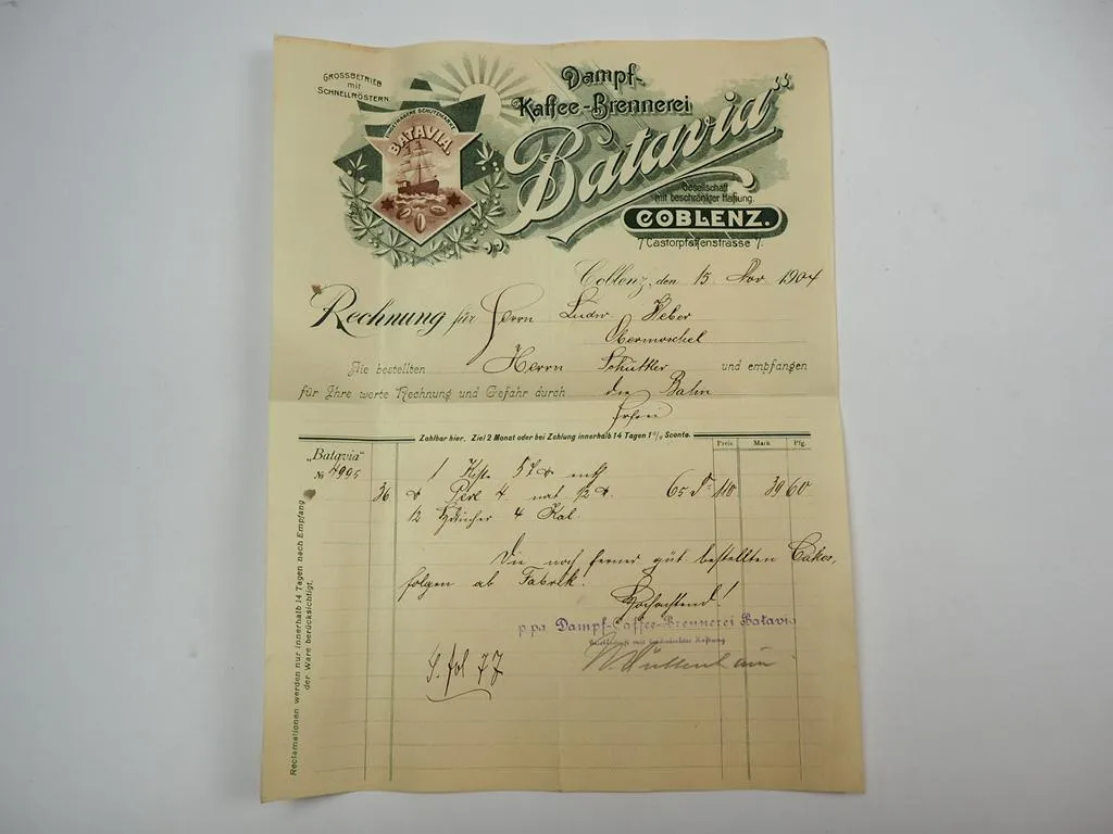 Batavia Dampf Kaffee Brennerei Coblenz Koblenz Rechnung 15.Nov. 1904