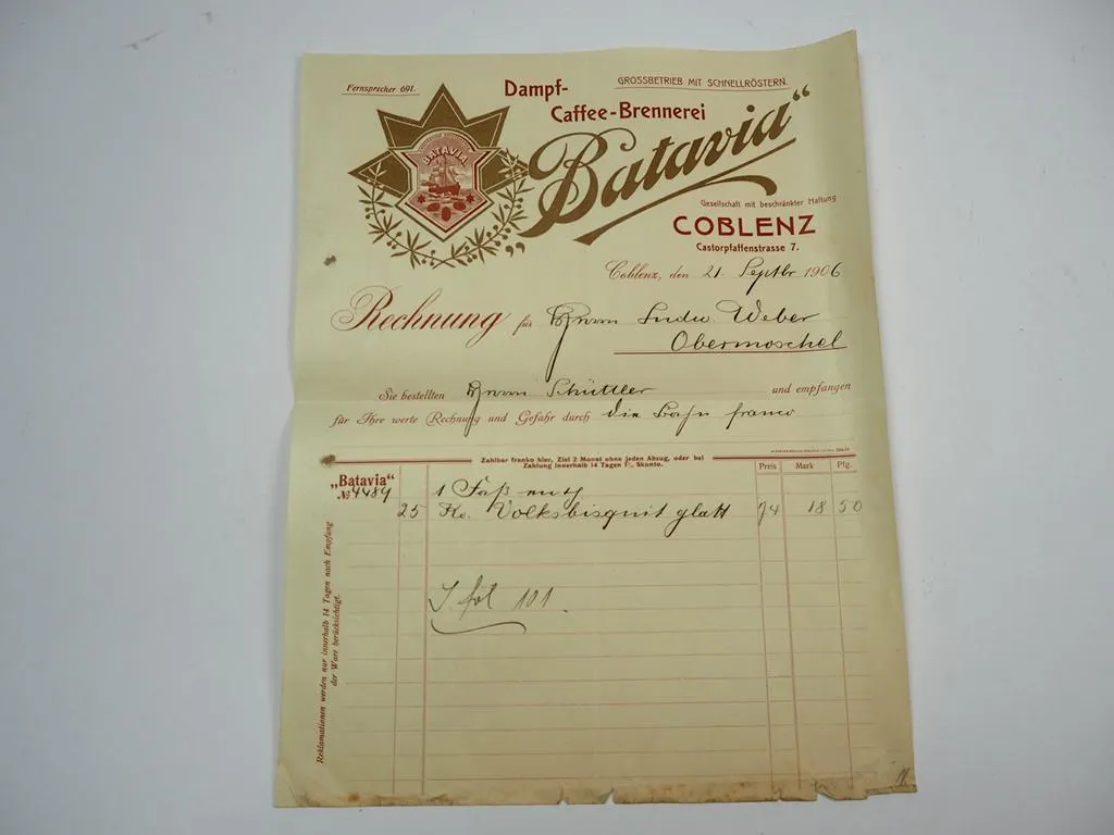 Batavia Dampf Kaffee Brennerei Coblenz Koblenz Rechnung 21.Sept. 1906