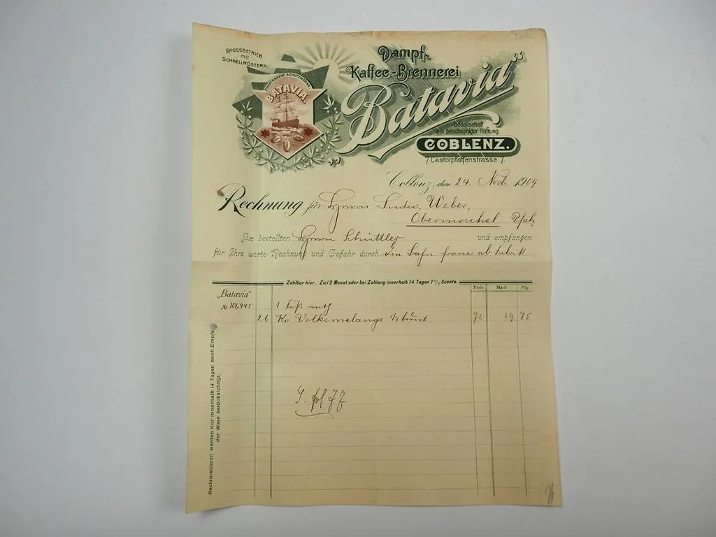 Batavia Dampf Kaffee Brennerei Coblenz Koblenz Rechnung 24.Nov. 1904