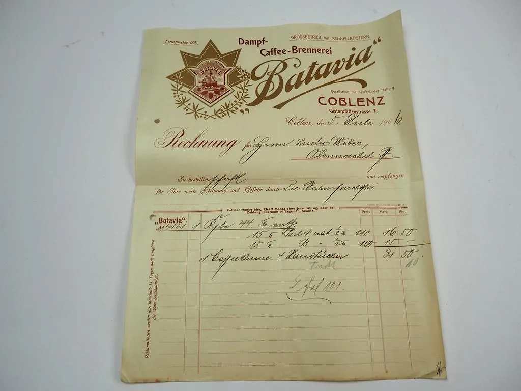 Batavia Dampf Kaffee Brennerei Coblenz Koblenz Rechnung 5.Juli 1906