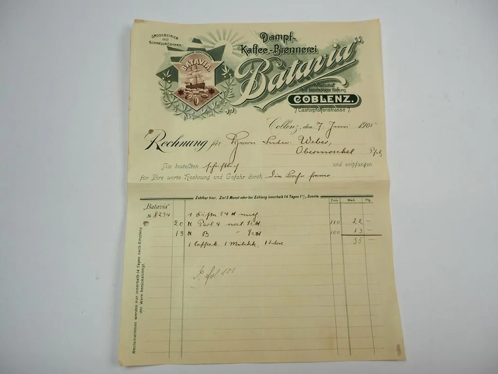 Batavia Dampf Kaffee Brennerei Coblenz Koblenz Rechnung 7.Juni 1905