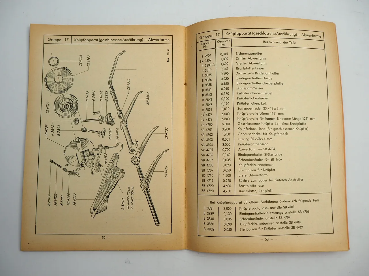 Bautz Schlepper Bindemäher rechts Bedienungsanleitung Ersatzteilliste 1955
