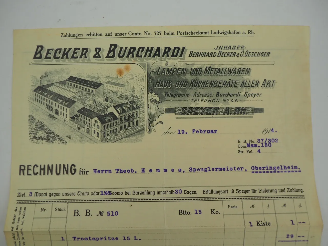 Becker & Burchardi Speyer Metallwaren Hausgeräte Rechnung 1914