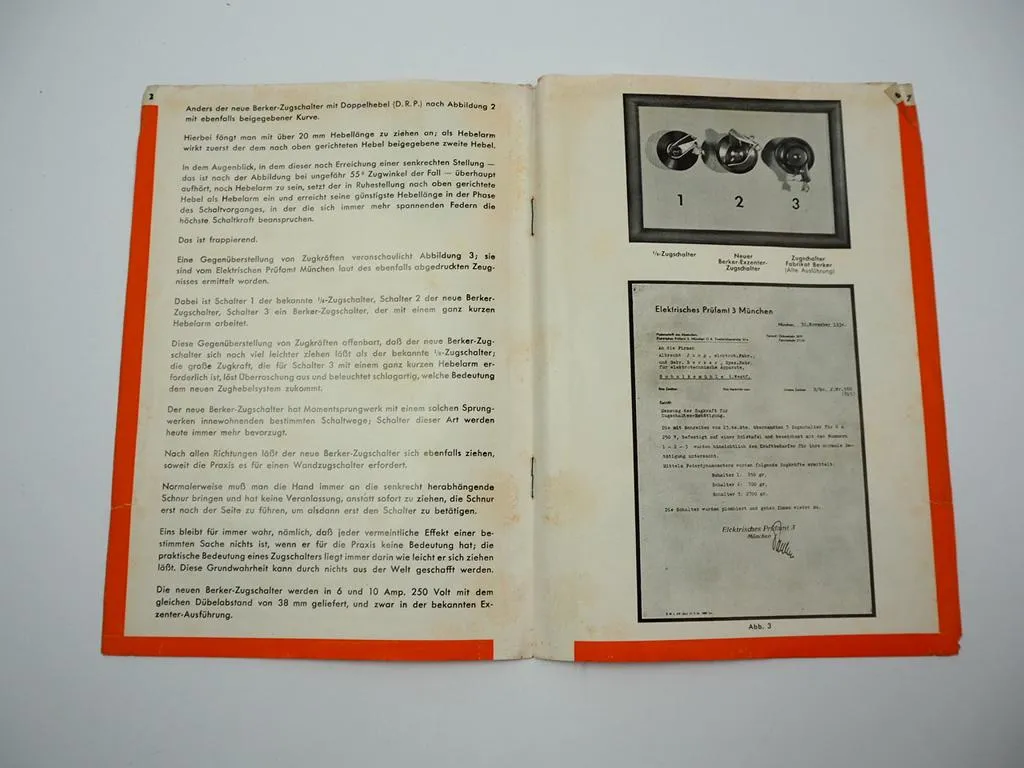 Berker Zugschalter mit Doppelhebel DRP Typ 6EZ Prospekt 1935 Bähne Neuwied