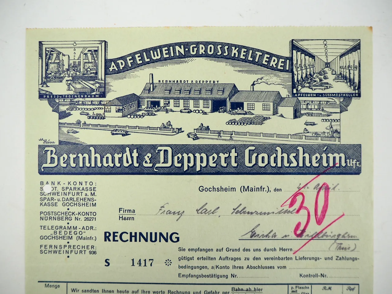 Bernhardt & Deppert Gochsheim Unterfranken Apfelwein Kelterei Rechnung 1940er J.