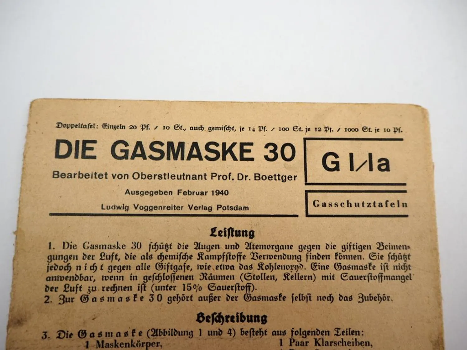 Beschreibung Gebrauchsanweisung Die Gasmaske 30 GI/Ia WK2 1940