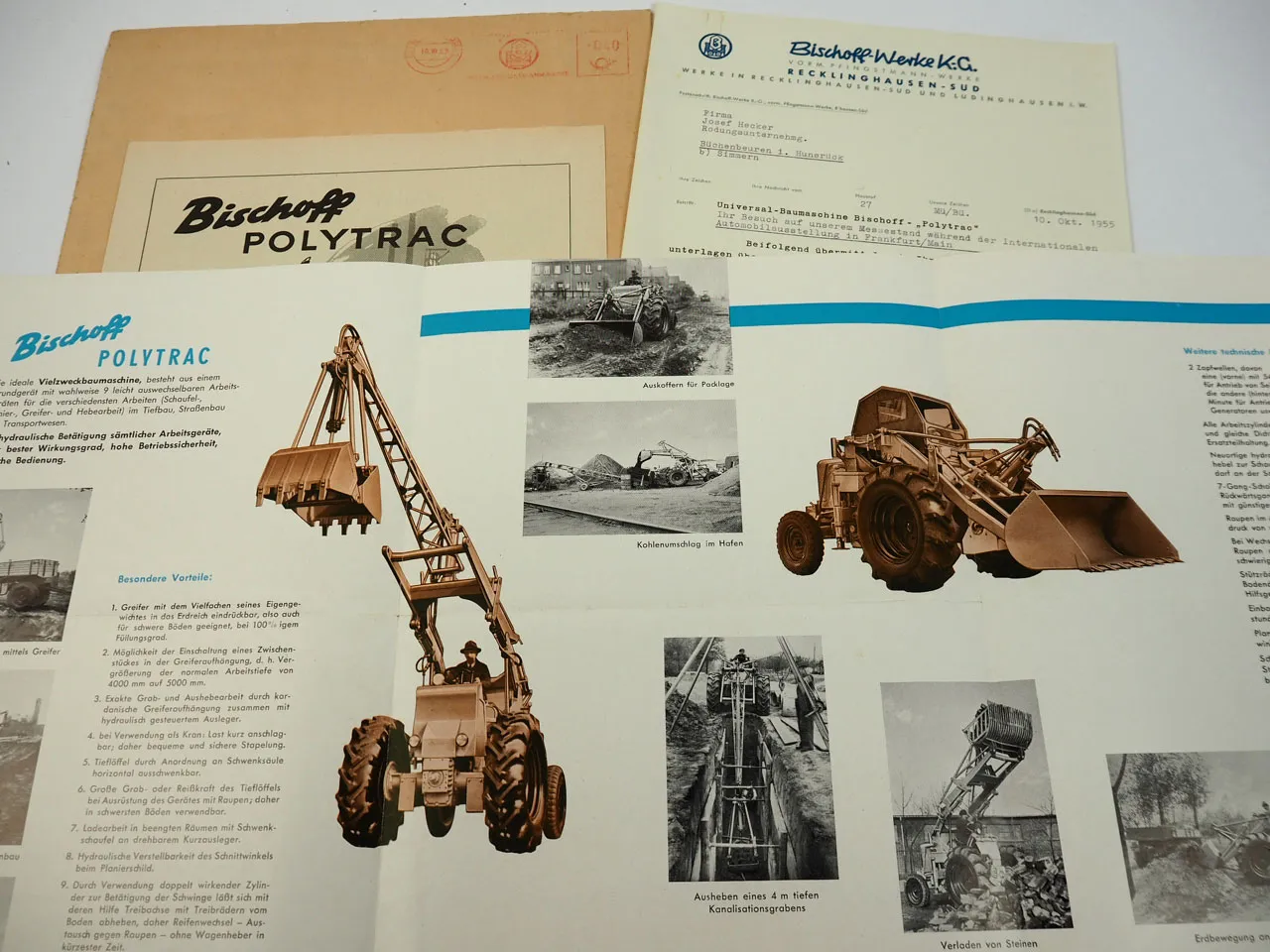 Bischoff Polytrac HW HL 1200 Universal Baumaschine Prospekt Briefbogen etc 1955