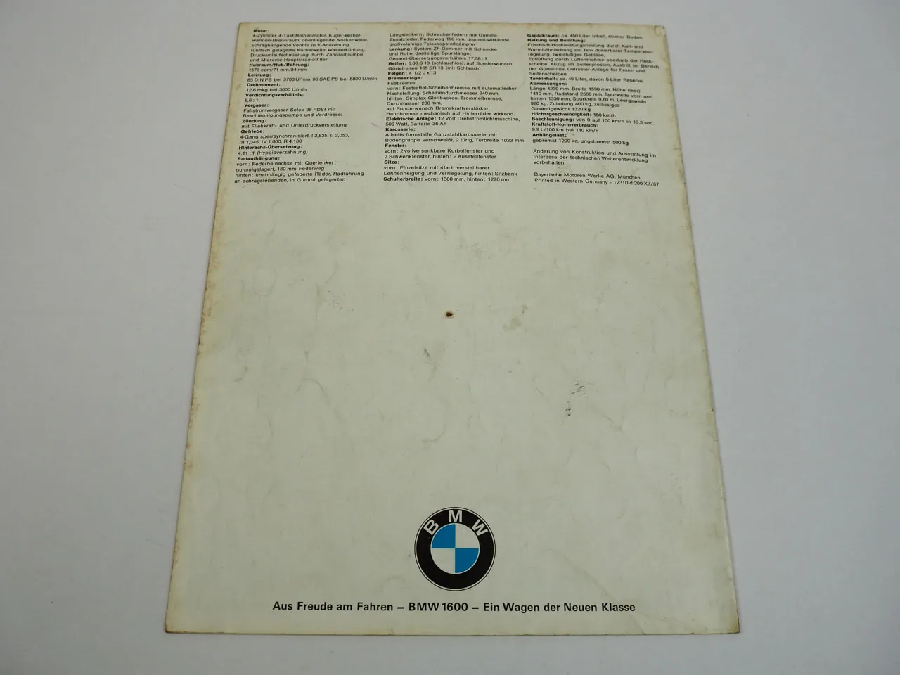 BMW 1600 neue Klasse 116 Vorstellung technische Daten 1967 Prospekt