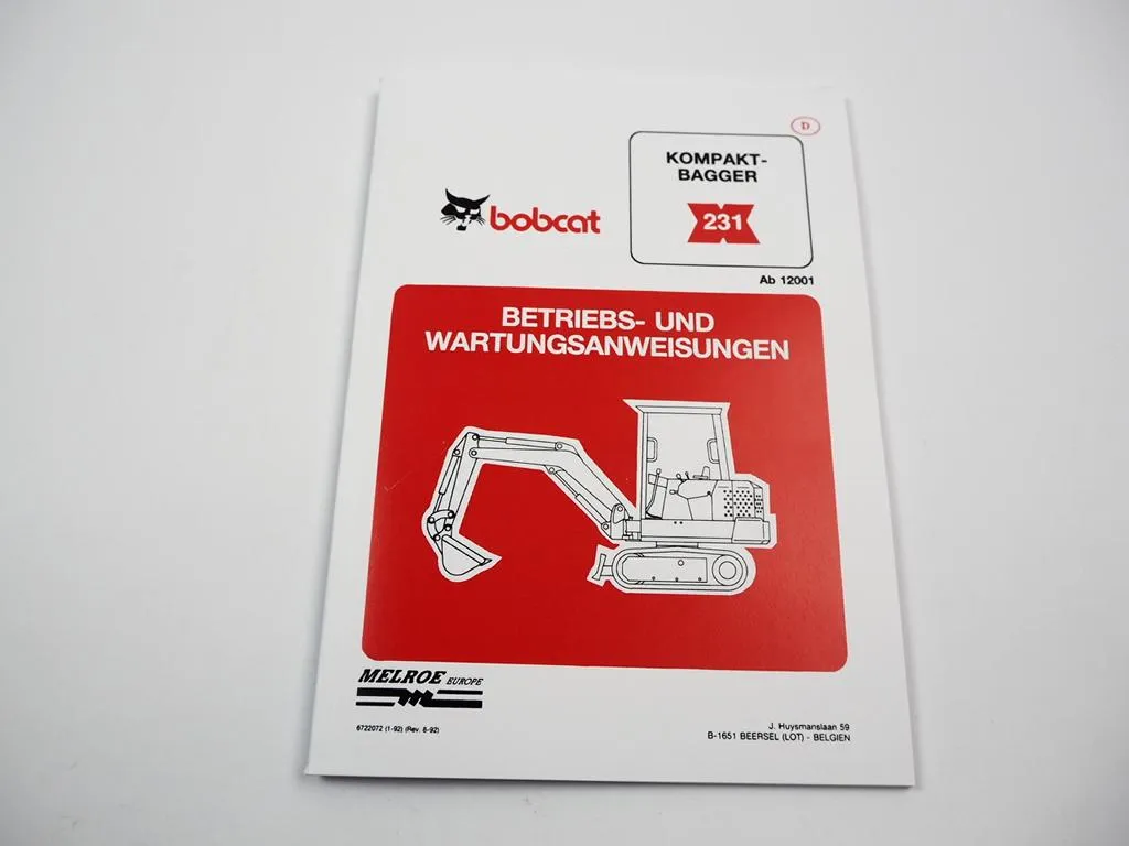 Bobcat 231 Kompaktbagger Betriebsanleitung & Wartung Bedienungsanleitung