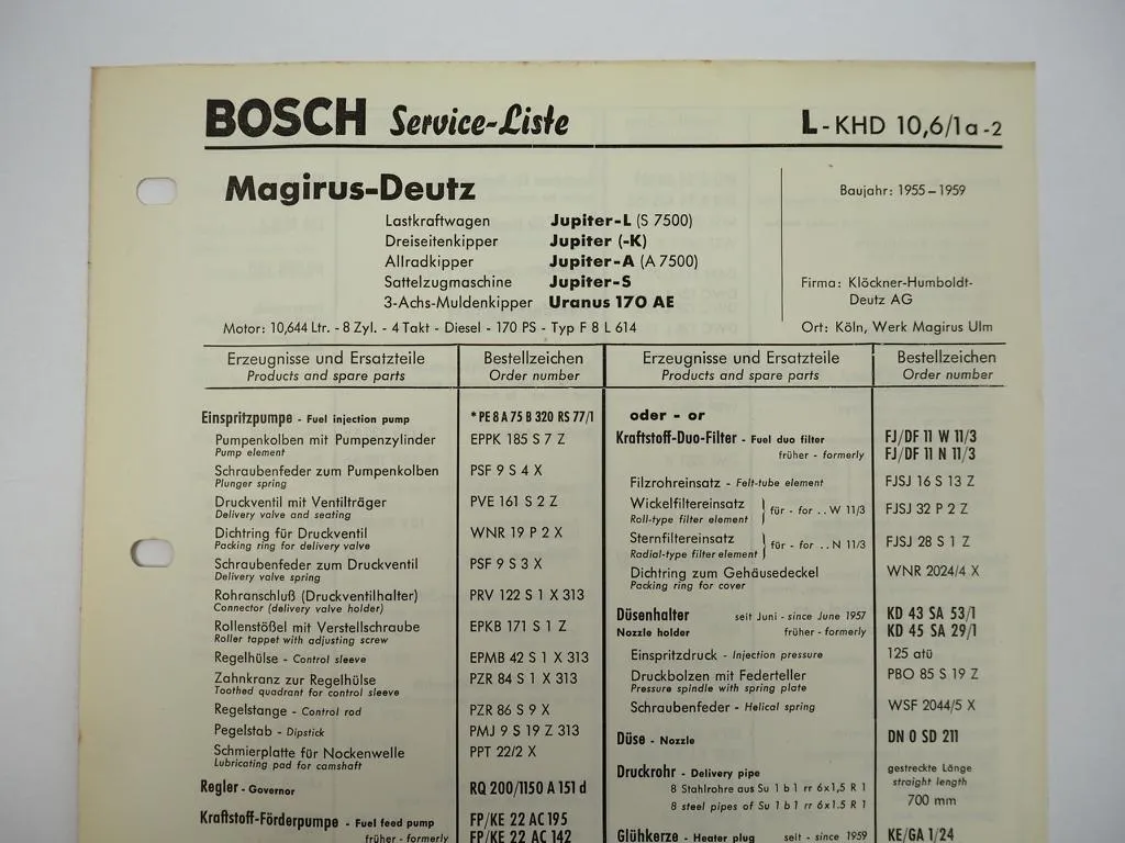 Bosch Service Listen für Magirus Deutz LKW Jupiter Saturn Mercur 1959/63