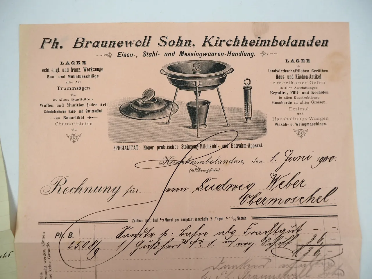 Braunewell Kirchheimbolanden Rheinland Pfalz Landwirtschaft Rechnung 1900
