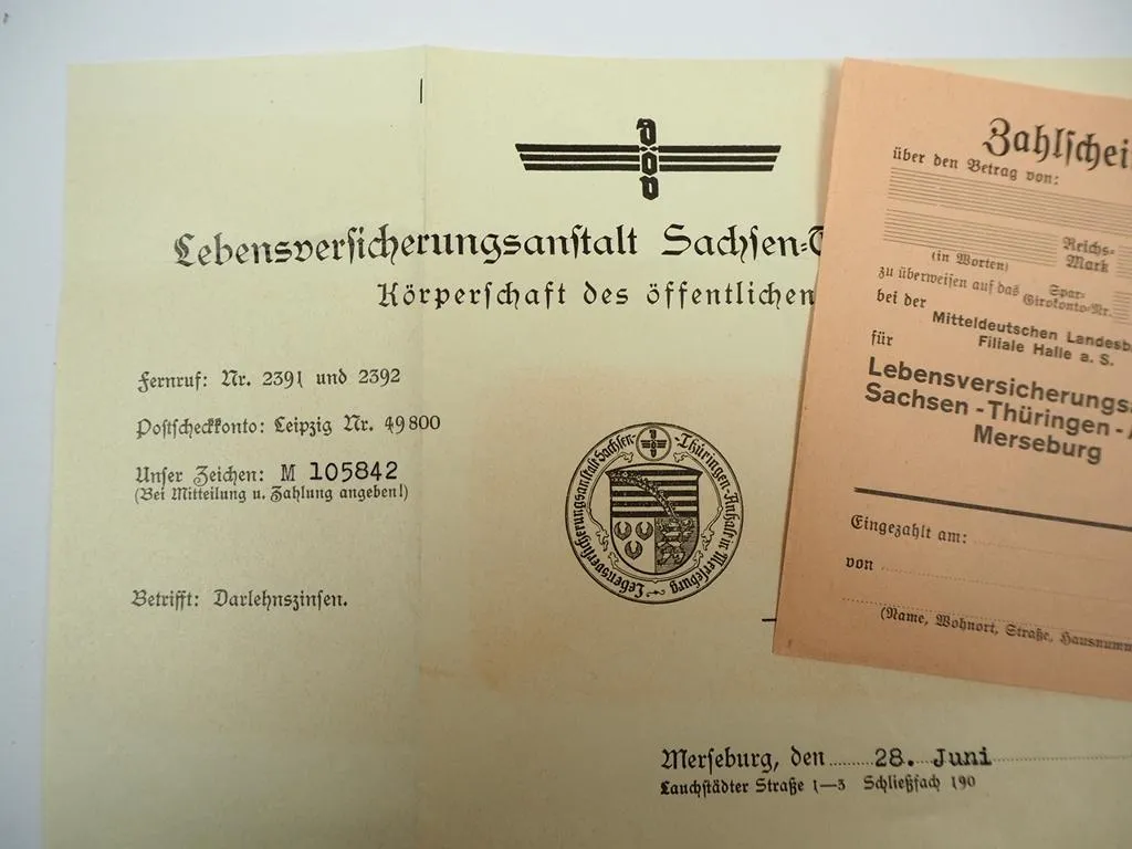Brief Lebensversicherungsanstalt Sachsen Thüringen Anhalt Merseburg 1937